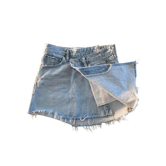 AGOLDE Skirt Womens 24 Blue Denim Mini Asymmetrical Distressed Frayed - Picture 3 of 7
